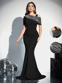 Coutiva Women's Elegant Faux Pearl & Rhinestone Decor Fish Tail Hem Formal Evening Gown Women's Formal Evening Dress Gown (Heavy Embroidery) Women Rhinestone Embellished Sheer Black Long Evening Gown, Wedding Guest Dress, Elegant Evening Dress, Prom Dress, For Wedding Dress Waist And Chest Slimming, Party Dress, Formal Dress - Black - View 1