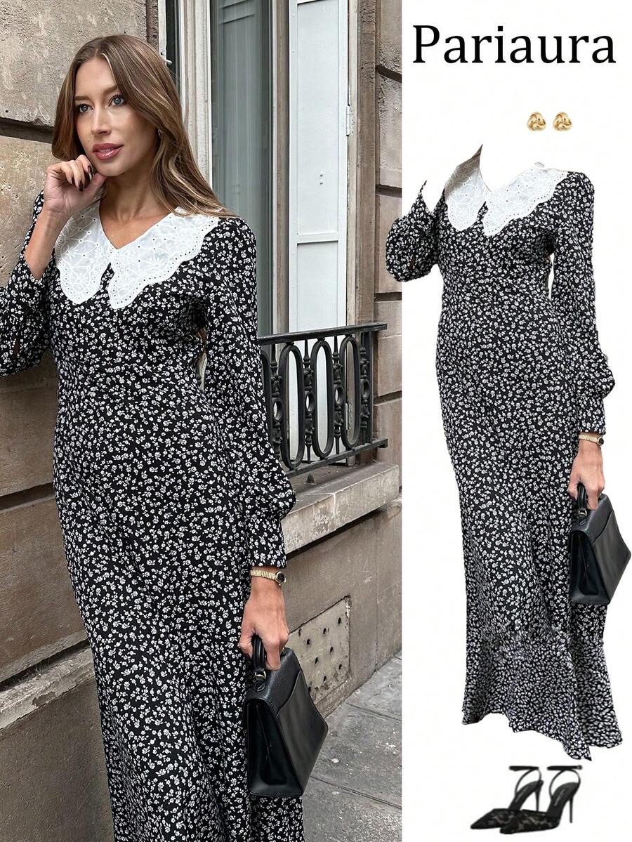 Pariaura 秋冬新品：女装优雅法式长袖蕾丝领碎花连衣裙，散发复古浪漫气息 - 黑色 - 查看 1