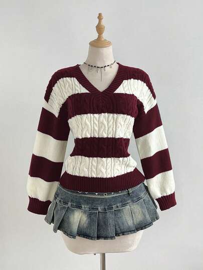 Elamini Women's Casual Versatile V-Neck Striped Lantern Sleeve Knit Sweater Top, Navy & Apricot, Autumn/Winter