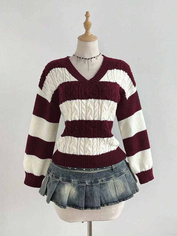 Elamini Women's Casual Versatile V-Neck Striped Lantern Sleeve Knit Sweater Top, Navy & Apricot, Autumn/Winter