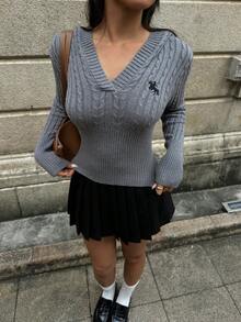 SHEIN EZwear 女式休闲骑士刺绣连帽修身毛衣，秋季 - 灰色 - 查看 4