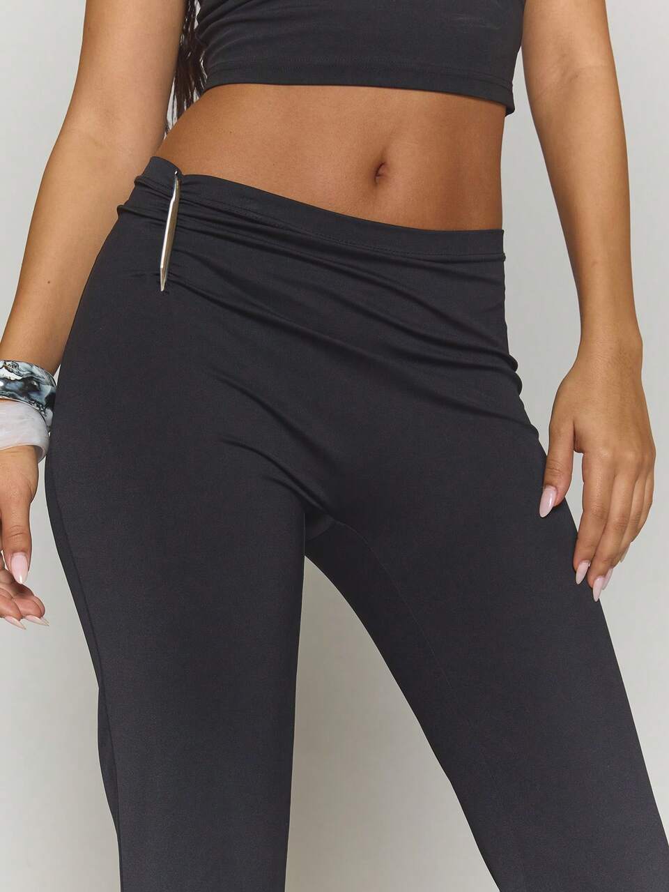 Gathered Asymmetric Waist Silver Spike Detail Fitted Flare Trousers, Onyx Co-Ord Bottoms Only Black,Autumn,Seksi Chic,Night Out Streetwear Casual