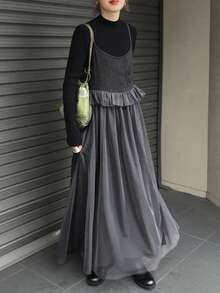 FRIFUL 女士无袖荷叶边网纱拼接休闲长裙 - 深灰色 - 查看 4