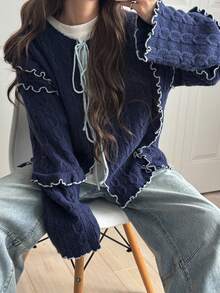 FRIFUL 女士撞色抽绳领罗纹纹理休闲加厚开衫 - 藍色 - 查看 7