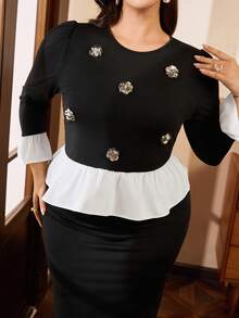 Auvina Plus Size Contrast Color Round Neck Long Sleeve Top And Fitted Skirt 2 Pieces Set - Black - View 5