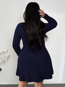 Firerie 大码春秋新款优雅简约精致浪漫甜美日常通勤婚礼派对音乐节假日荷叶边A字飘逸长袖弹力女式迷你短裙 - 藏蓝色 - 查看 3