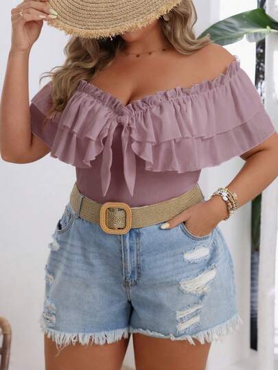 SHEIN VCAY Camiseta de hombros descubiertos con volantes en talla grande de unicolor