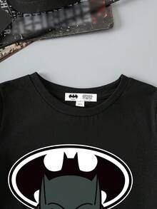 BATMAN X SHEIN Young Boy Casual Short Sleeve Crew Neck T-Shirt, Suitable For Summer