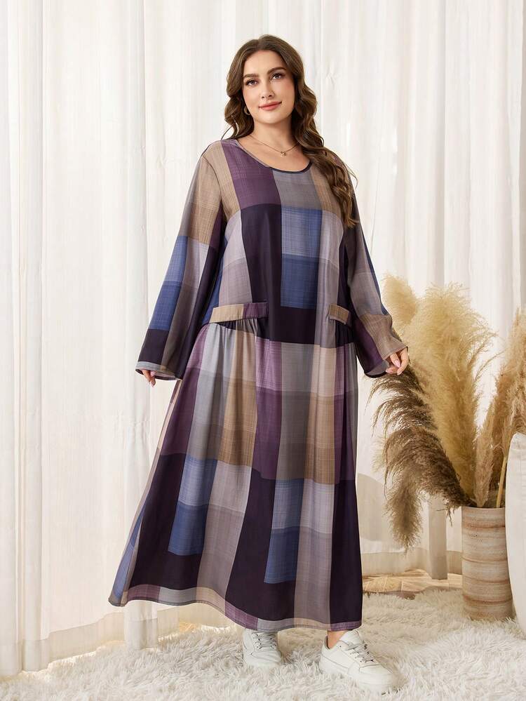 Lacomfia Plus Size Women Long Sleeve Plaid Pattern Loose Fit Long Dress - Multicolor - View 3
