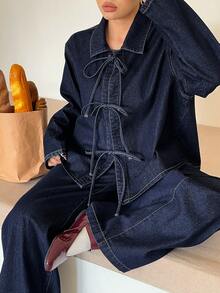 Dazy Plus Bộ đồ denim 2 mảnh cổ điển màu xanh đậm, áo rộng thắt nơ thời trang thường ngày và quần jean dài ống đứng, bộ đồ denim cỡ lớn cho nữ - Rửa tối - Xem 8