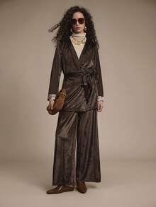 Chiquease 2pcs Women Casual Brown Patchwork Sleeve Jacket And Pants Set, Autumn Party Season - Brown - View 5