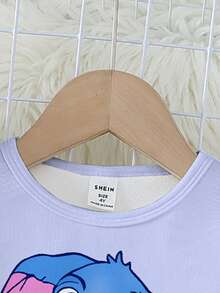 SHEIN Playful Pals 两件套女童可爱蓝兔紫色上衣和全印花兔子打底裤针织弹力保暖长袖睡衣套装，儿童睡衣套装，贴身紧身睡衣 - 紫色 - 查看 3