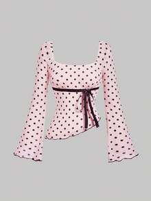 SHEIN MOD 女士粉色波点不对称下摆蝴蝶结上衣和鱼尾裙优雅套装 - 粉色 - 查看 5