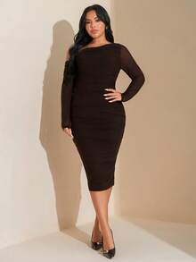 SHEIN Tall CURVE Gaun Midi Bodycon Elegan Ukuran Plus untuk Wanita dengan Desain Jala Berkerut, Lengan Panjang, Musim Gugur, Cocok untuk Kencan dan Acara Formal - Coklat - View 3