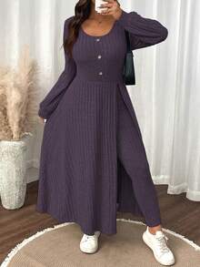 SHEIN LUNE Plus Size Women Solid Color Fuzzy Ribbed Minimalist Casual Autumn/Winter Top And Slim Fit Pants Set - Purple - View 6