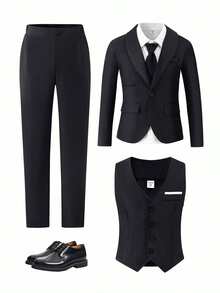 Bộ vest lịch lãm 3 món dành cho nam thiếu niên - Trang phục biểu diễn sân khấu thời trang cao cấp, sang trọng. Bao gồm áo khoác vest, áo vest ôm sát và quần tây thường ngày. - màu đen - Xem 8
