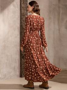 Wildy 美式休闲复古碎花长袖连衣裙，女士日常基本款穿搭，秋冬款 - 彩色 - 查看 2