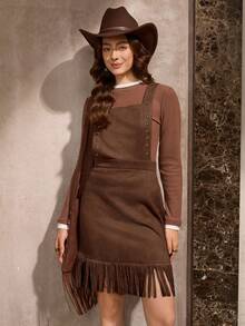 Wildy 休闲复古美式风格女士秋冬日常基本款铆钉流苏无袖吊带迷你连衣裙