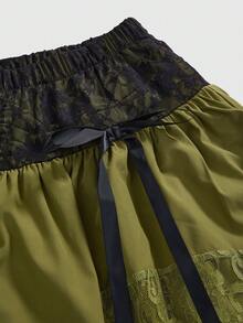 ROMWE Fairycore 森系复古仙女风不对称下摆优雅森林风撞色蕾丝加大码A字裙，女士秋季森林假日野餐加大码半身裙，优雅加大码女士秋冬半身裙，仙女裙 - 墨綠色 - 查看 3