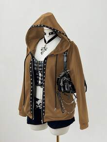 Sunspun Chaqueta con capucha de manga larga con decoración de remaches, estilo oscuro y punk, talla grande - Camel - Ver 7