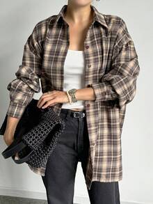 DAZY Women's Plaid Loose Turndown Collar Long Sleeve Shirt, Coffee Brown, Spring/Summer/Autumn