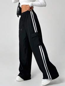 SHEIN EZwear 大码女式街头风格侧条纹抽绳工装裤 - 黑色 - 查看 2