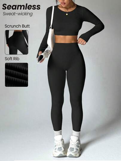 Easithlete Conjunto deportivo de top corto de manga larga y cuello redondo, y leggings, de unicolor y alta elasticidad para mujer