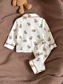 Loomiva Newborn Baby Girl Cartoon Bear Pattern Lapel Long Sleeve Cardigan Shirt And Elastic Waist Pants 2 Pieces Set Baby Teddy Bear Outfit Pajama Baby Set Baby Unisex Clothes Sets Baby Pj Set Neutral Baby Clothes Unisex - Multicolor - View 2
