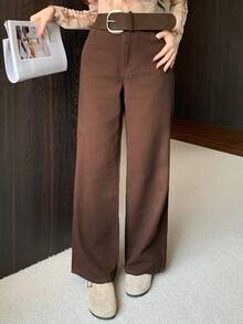 DAZY 女士休闲宽松水洗阔腿牛仔裤，秋季款 - 棕色 - 查看 6