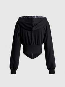 ROMWE Goth 女款 Kpop 复古 Y2K 修身二合一豹纹十字刺绣卫衣 - 黑色 - 查看 2