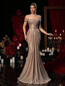 Glamrae Elegant Brown Luxurious Sequin Lace Patchwork Off-Shoulder Mermaid Hem Adjustable Tie Dress, Suitable For Dates, Vacations, Singles Parties, Weddings, Formal Occasions - Brown - View 5