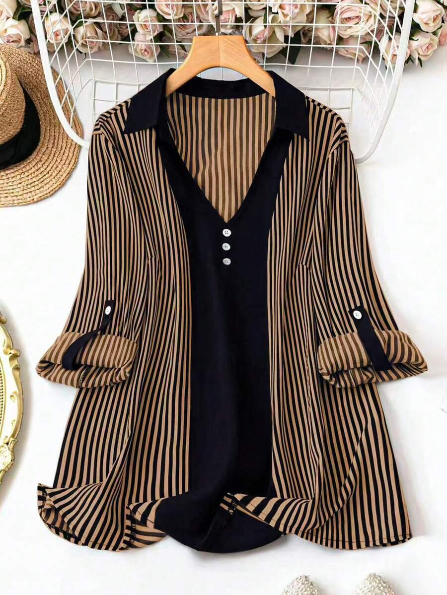 SHEIN LUNE 大码女式条纹卷袖纽扣设计休闲宽松衬衫 - 摩卡棕 - 查看 1