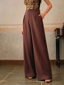 Anewsta Petite 优雅时尚设计褶裥砖红色女士西装裤，带口袋，直筒裤型，娇小款 - 棕色 - 查看 5