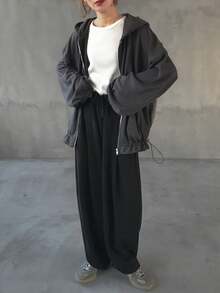 FRIFUL 女士连帽休闲外套，饰有层叠荷叶边和背部设计 - 灰色 - 查看 4