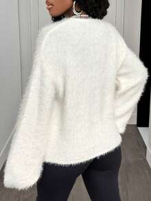 SHEIN Unity Women's V-Neck Long Sleeve Fluffy White Loose Casual Sweater - White - View 2