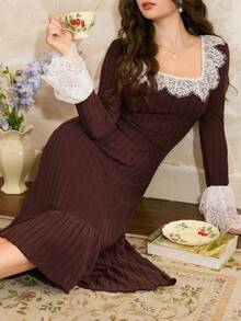 Côtesoire 法式优雅浪漫蕾丝荷叶边长袖上衣和裤子罗纹针织女士睡衣套装，适合秋冬季穿着 - 咖啡棕 - 查看 1