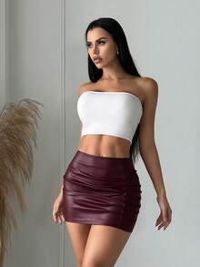 SHEIN SXY 纯色PU皮革褶皱修身性感时尚半身裙 - 酒紅色 - 查看 6