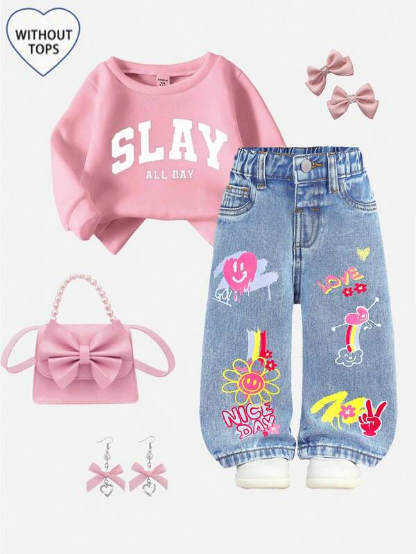 SHEIN Baby Girl Cute Colorful Graffiti Print Loose Fit Blue Denim Pants,Fall,Winter, Casual And Fashionable Vacation,Streetwear,2000s Style, Halloween Denim Jeans, Christmas