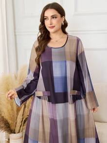 Lacomfia Große Größen Damen Langarm Kleid mit Karomuster in weiter Passform