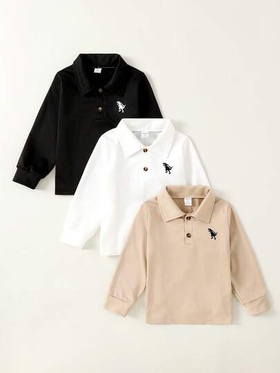 SHEIN Explorewe 男童三件套多色休闲长袖 Polo 衫，图案精致，适合 2025 年秋冬季返校季，大学校园运动服