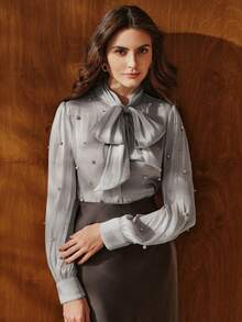 Anewsta Blouse femme printemps/été avec nœud papillon et design de faux perles - Argent - Voir 4