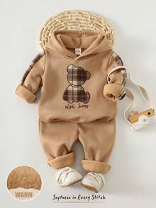 Cozy Pixies 2pcs Baby Boy Cartoon Bear Pattern Knit Soft Patchwork Brown Plaid Round Neck Long Sleeve Pullover Sweatshirt And Elastic Waist Long Pants Set - Khaki - View 9