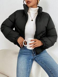SHEIN Frenchy 女士纯色高领落肩长袖拉链保暖羽绒服，冬季 - 黑色 - 查看 5