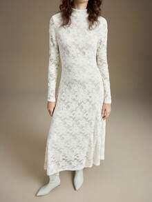 Ontre Lace Women's Stand Collar Raglan Sleeve Casual Fitted Long Dress High-End, Elegant, Old-Fashioned Cruise Attire For Wedding Guests Christmas Evening Clothes New Year Atmosphere Holiday Party Women's Clothing Modern Urban Casual Fashion Business Casual Women's Office Wear Low-Key Old Money Style Effortless Temperament High-End Urban Commuting High-Quality Airport Women's Wear High-End Material Waist Detail Flared Dress New Year