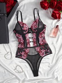 1pc Women's Sexy Lingerie Floral Embroidery Mesh Bodysuit