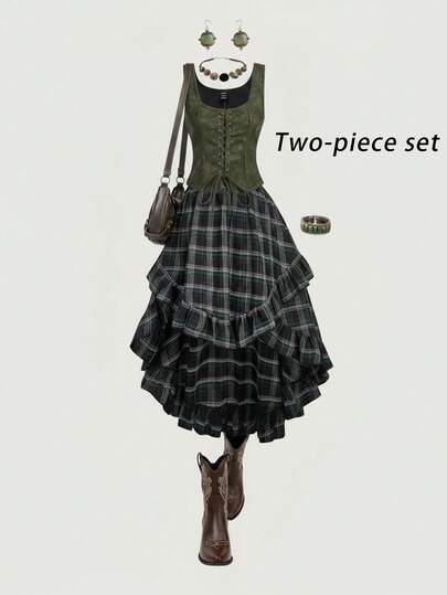 SHEIN MOD Plus Size Vintage Green Plaid Asymmetric Ruffle Hem Skirt, Green Tie-Back Camisole, Retro 2-Piece Set,Western Style Suit Fall/Winter