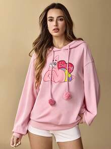 SpongeBob SquarePants | SHEIN Women's Casual Cartoon Pattern Drop Shoulder Sweatshirt, Autumn - Pink - View 3