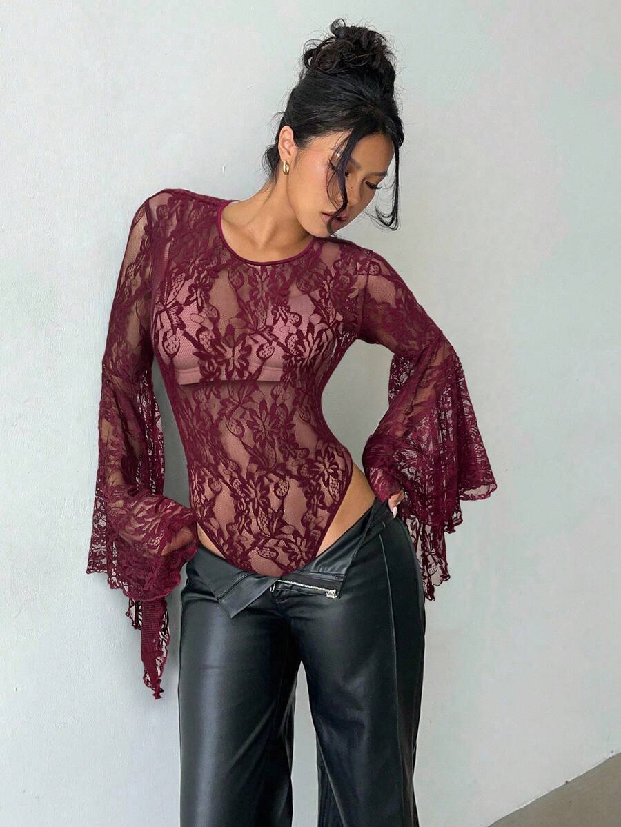 Aloruh Women's Halloween Bell Sleeve Burgundy Lace Bodysuit - Burgundy - View 1
