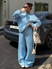 SHEIN Muchic 女士秋冬新款字母刺绣休闲宽松连帽衫和运动裤套装，保暖内衬 - 淺藍色 - 查看 6