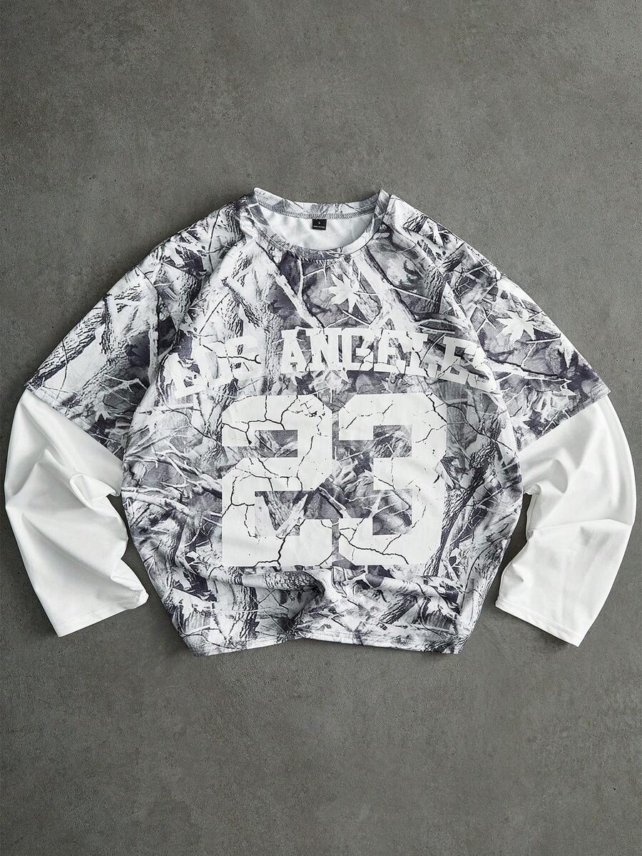 PAVTROS 男士街头风畅销仿生迷彩洛杉矶23印花T恤，适合户外音乐节、日常穿着、朋友聚会、送给男友/老公的礼物、周年纪念礼物。迷彩卫衣街头风上衣，男士宽松印花短款上衣，男士短款图案衬衫，图案短款上衣，男士宽松印花上衣，男士宽松印花衬衫，男士图案长袖T恤。 - 彩色 - 查看 1